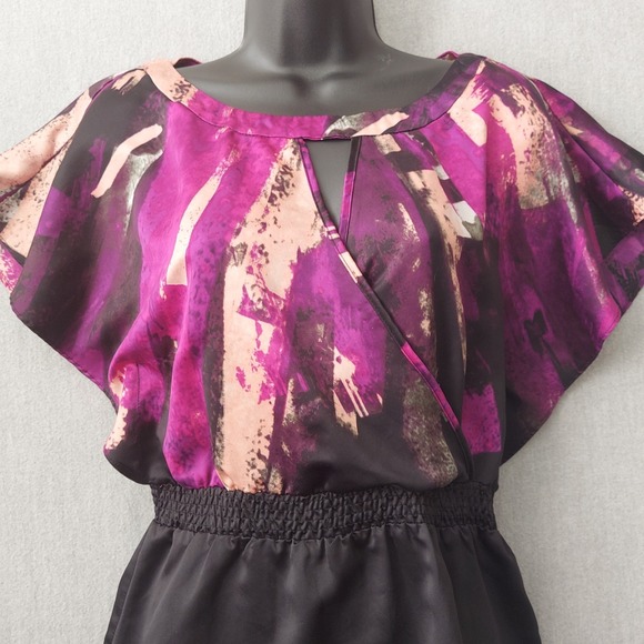 Rampage Satin Faux Wrap Top S Purple Black Boho Y2K Flutter Sleeve Smocked Waist - Picture 2 of 16